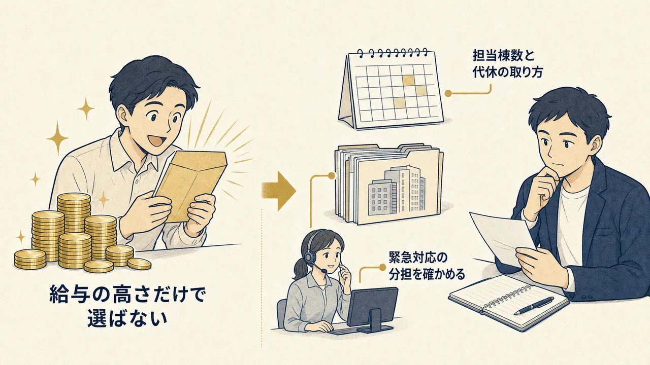 給与だけで選ぶ場合と、担当棟数・代休・支援体制まで確かめて選ぶ場合の対比