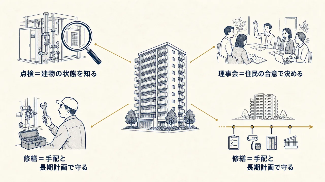 点検・理事会運営・修繕手配・長期修繕計画で建物を守ることを表した図