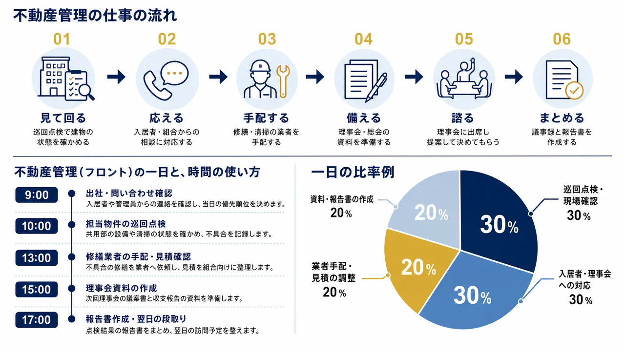 マンション管理フロントが行う巡回点検、入居者対応、業者手配、理事会準備の流れ