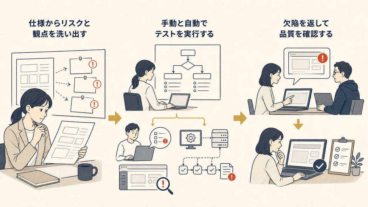 仕様からリスクを整理し、テストを設計して手動・自動で実行し、欠陥を返して品質を確認する関係図