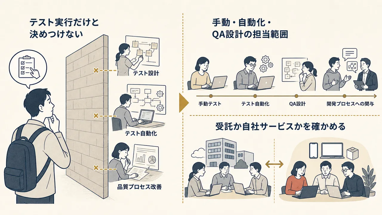 テスト実行中心と決めつける場合と、手動・自動化・QA設計の担当範囲、受託か自社サービスかを確かめる場合の対比