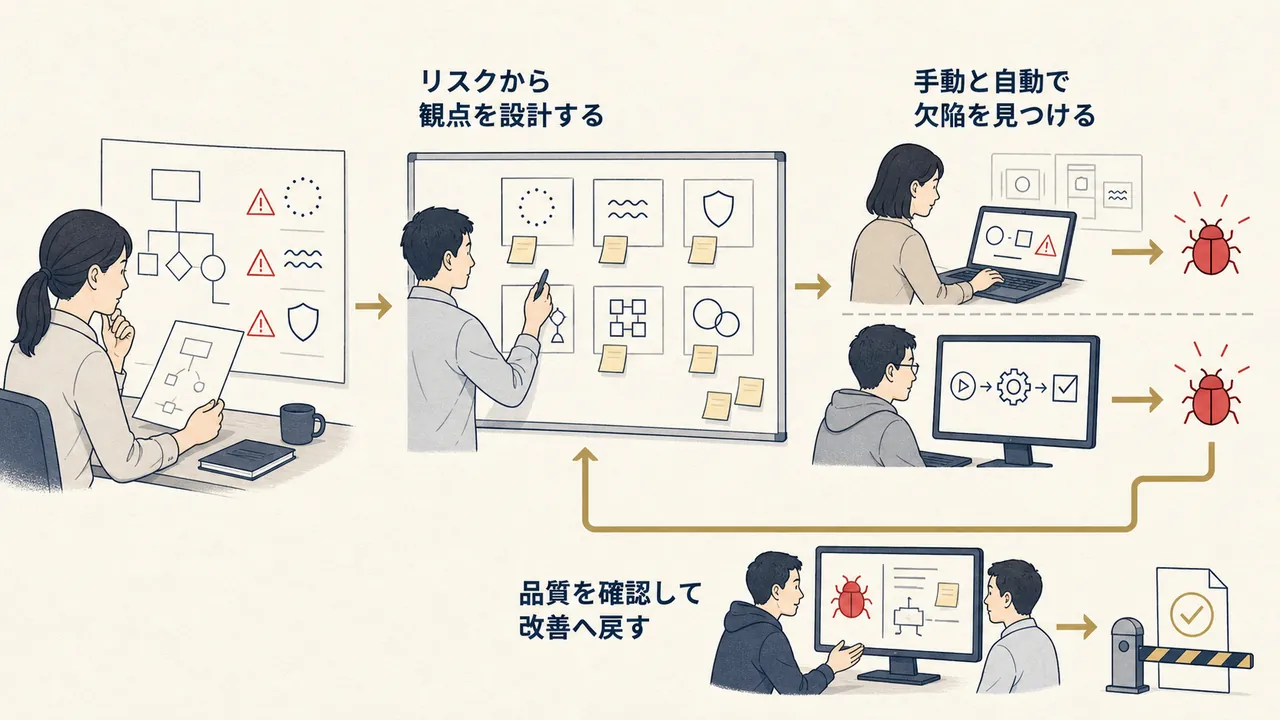 仕様のリスクから観点を設計し、手動・自動で欠陥を見つけ、品質を確認して観点へ戻す流れ