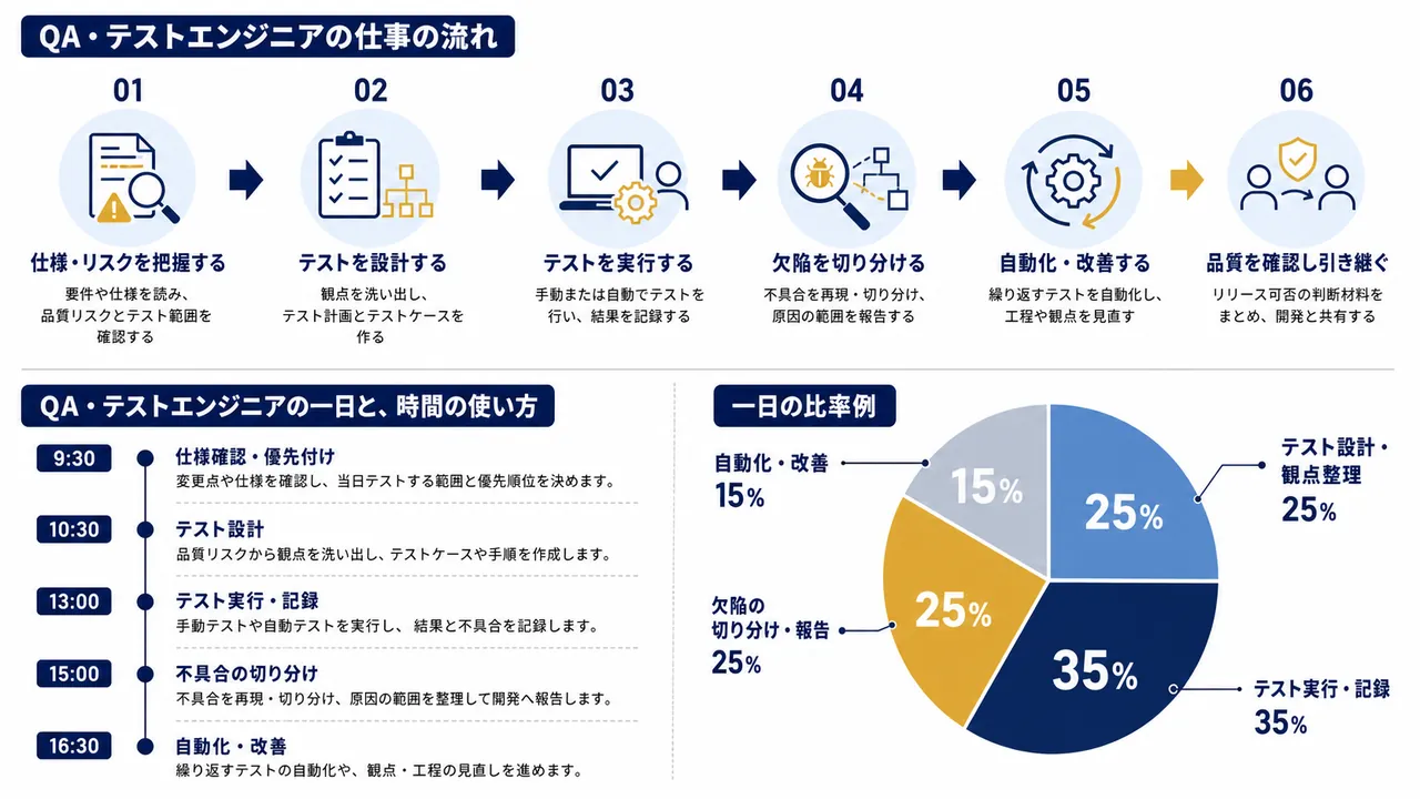 QA・テストエンジニアが仕様を確認してテストを設計し、実行して不具合を報告し、自動化・改善へつなぐ流れ