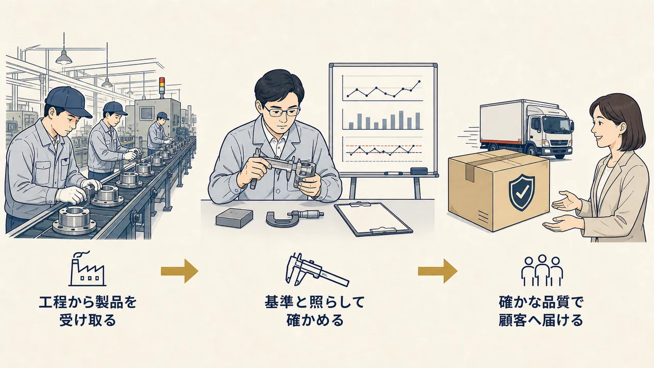生産ラインから検査・測定を経て、確かな品質で顧客へ届くまでの流れ