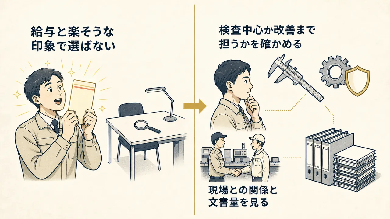 印象だけで選ぶ場合と、担当範囲・現場との関係・文書業務まで確かめて選ぶ場合の対比