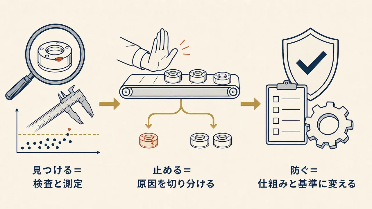 検査で見つけ、原因を切り分けて止め、仕組みと基準に変えて防ぐ3段階の図