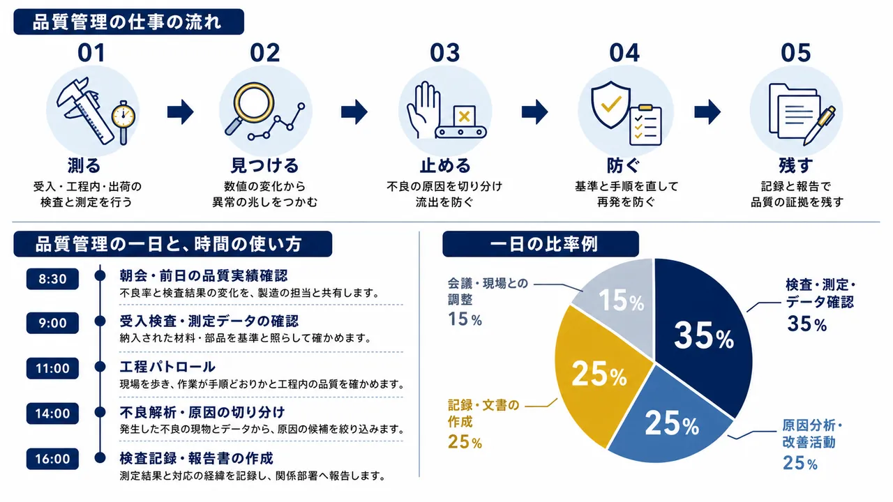 品質管理が行う朝会、受入検査、工程パトロール、不良解析、記録作成の流れ