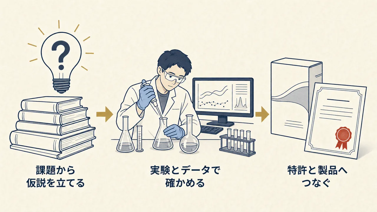 仮説づくりから実験とデータ、特許と製品化までの流れ