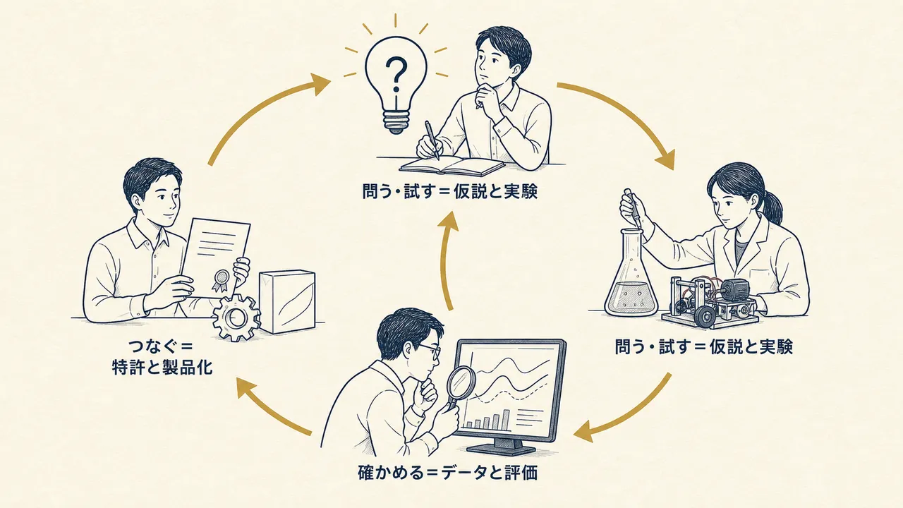 問う・試す・確かめる・つなぐの4つで研究開発が循環することを表した図