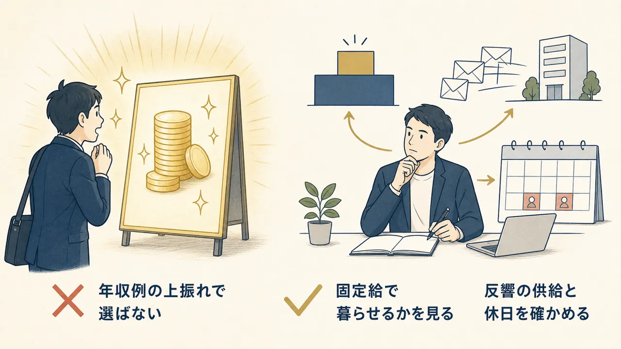 年収例だけで選ぶ場合と、固定給・反響供給・休日まで確かめて選ぶ場合の対比
