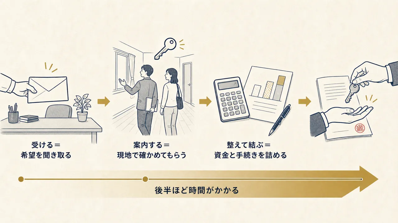 問い合わせから内見、資金計画、契約と引き渡しまでの流れを表した図