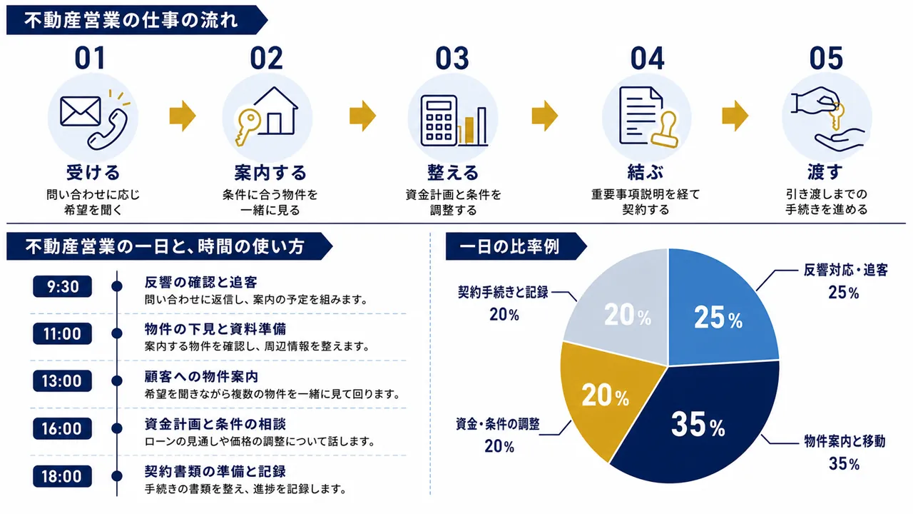 不動産営業が行う反響対応、物件案内、資金相談、契約手続きの流れ