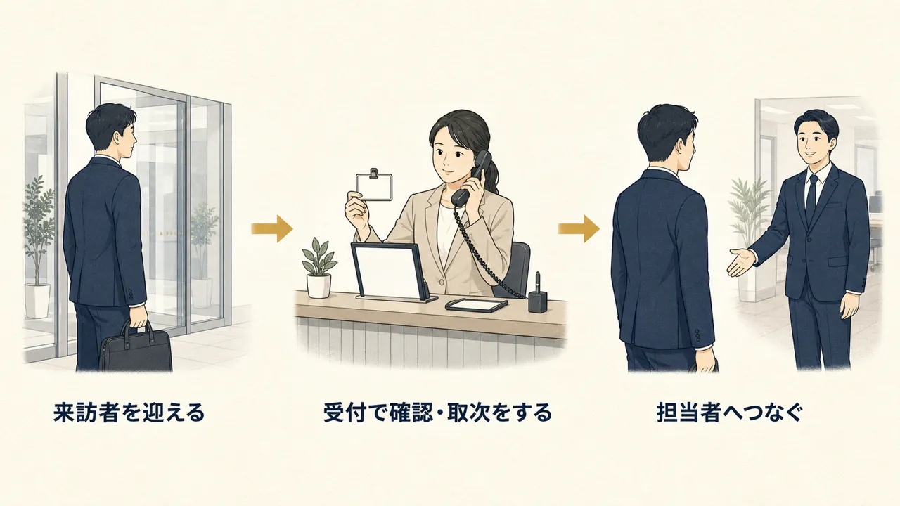 来訪者を受付が確認し、社内の担当者へ取次をする図