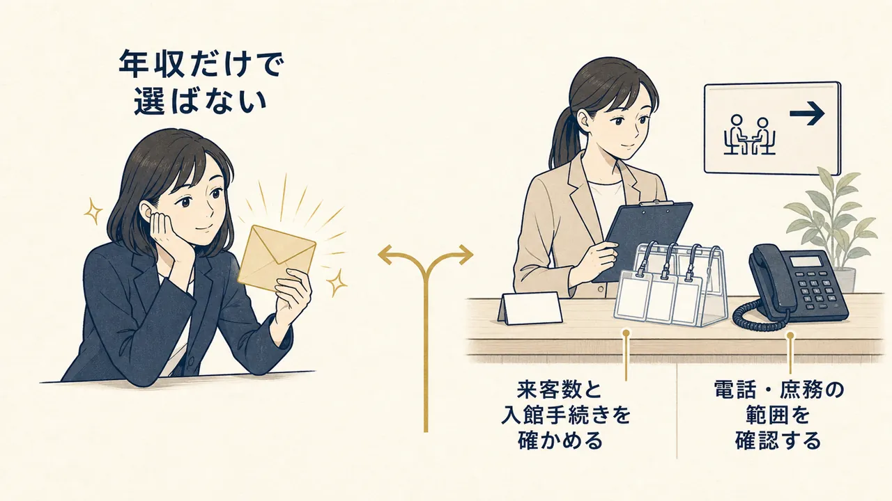 年収だけを見る選び方と、受付業務の範囲を確認する選び方の対比
