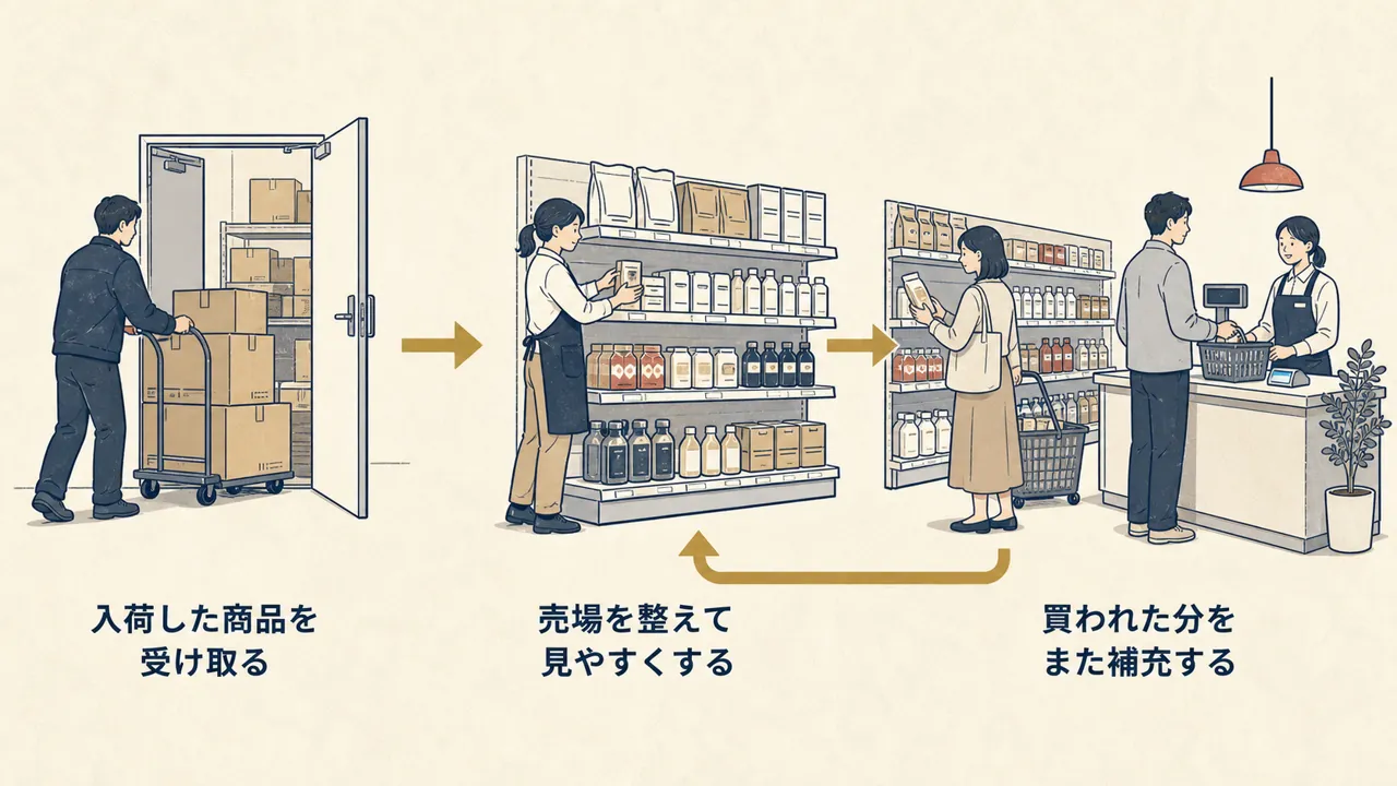 入荷から売場づくり、購買、補充までの循環