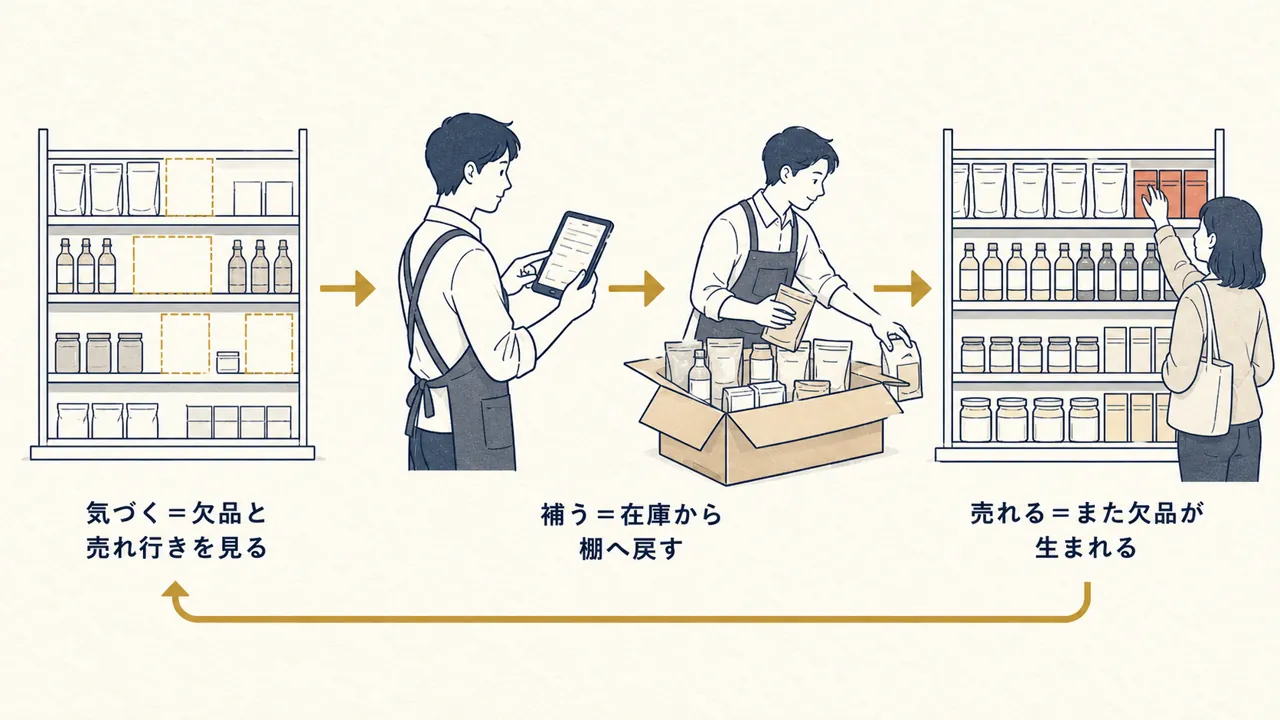 欠品の発見から補充、購買、再び欠品までの循環を表した図