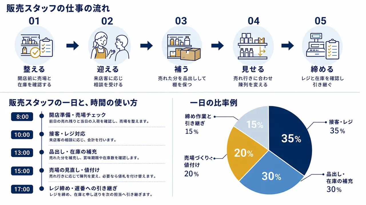 販売スタッフが行う開店準備、接客、品出し、レジ締めの流れ