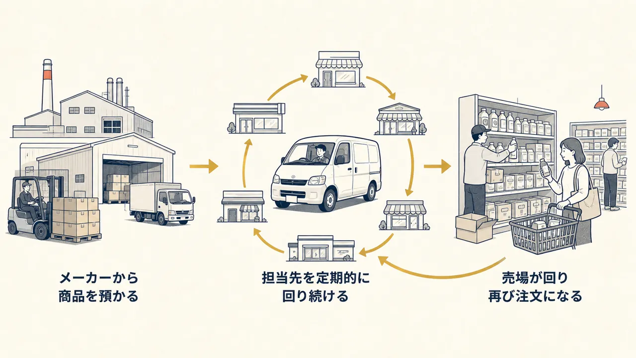 メーカーから担当先への巡回と、売場が回って再び注文になる循環