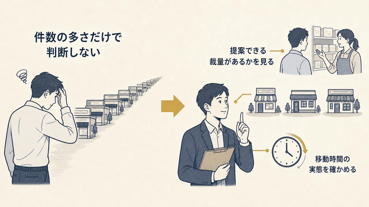 担当件数の多さだけで見る場合と、裁量・移動時間まで確かめて選ぶ場合の対比