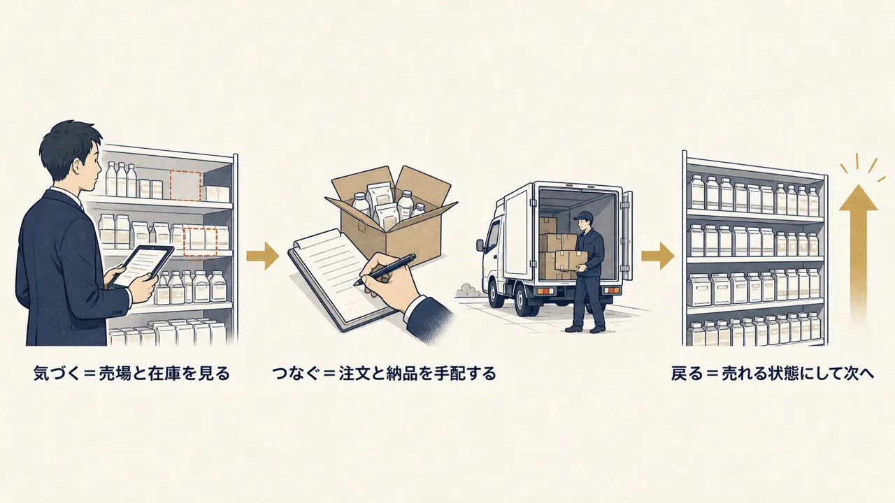 売場の観察から注文、納品、売れる状態づくりまでの流れを表した図