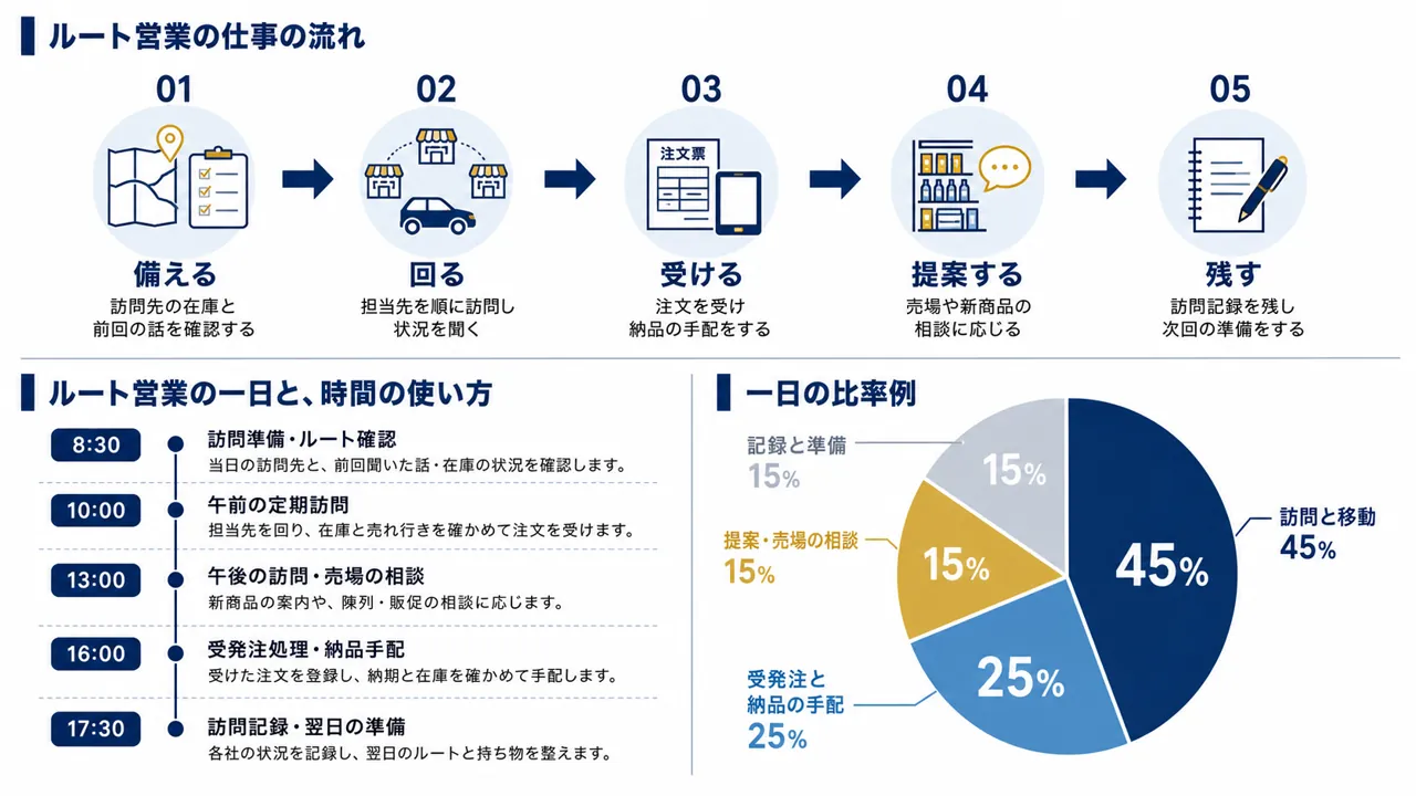 ルート営業が行う訪問準備、定期訪問、受発注処理、記録と翌日準備の流れ