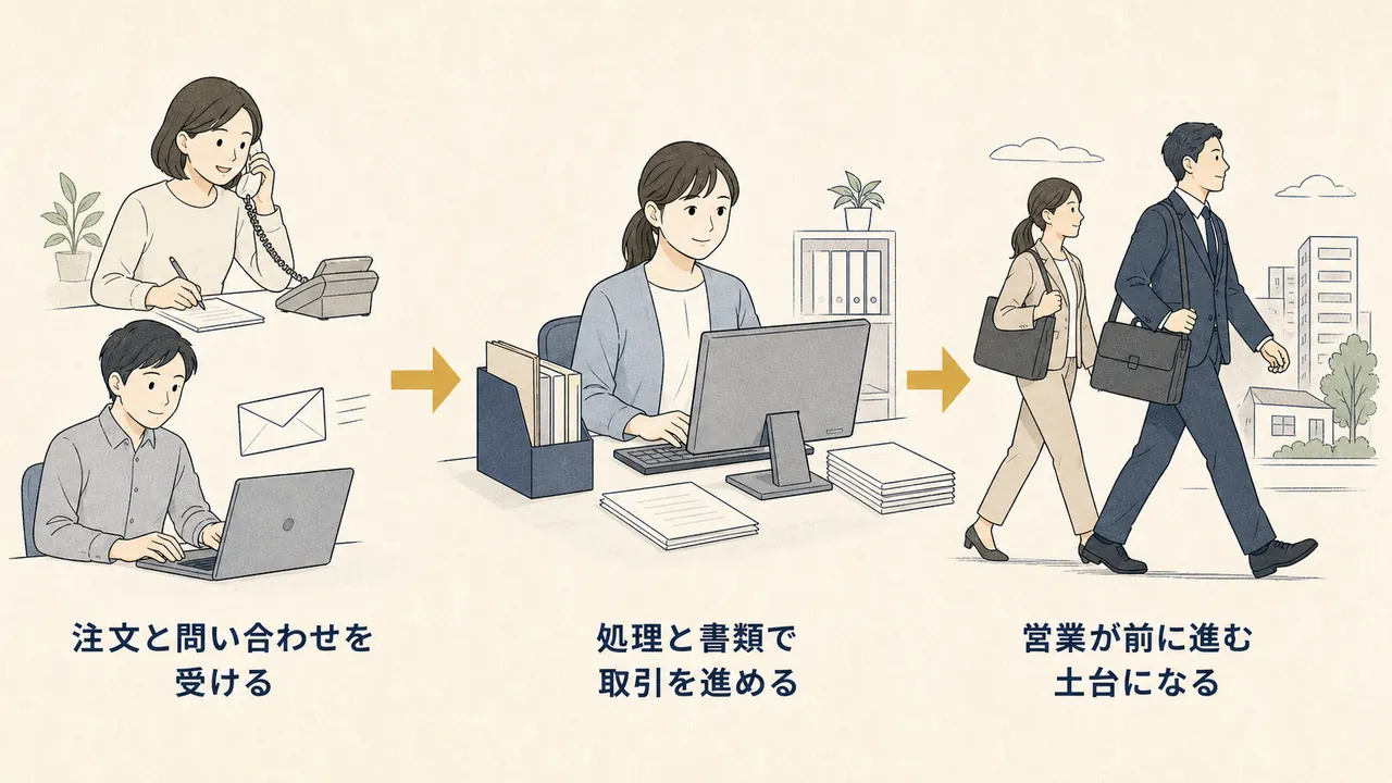 顧客からの注文の受付から処理、営業チームの支援までの流れ