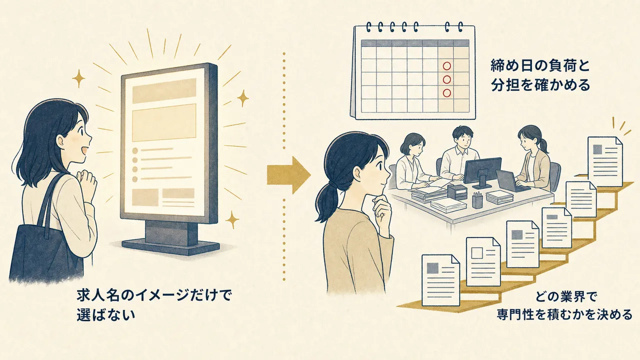 イメージだけで選ぶ場合と、業界・締め日の負荷・分担まで確かめて選ぶ場合の対比