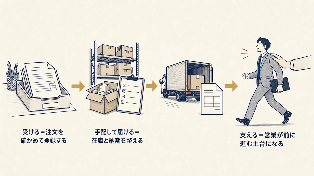 受注から手配・出荷・請求、営業の支援までの注文の流れを表した図
