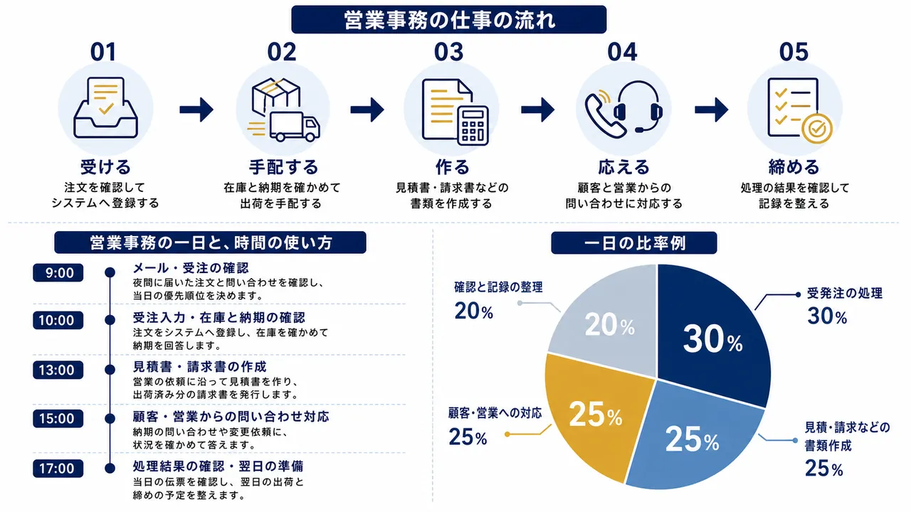 営業事務が行う受注処理、納期確認、見積・請求書作成、問い合わせ対応の流れ