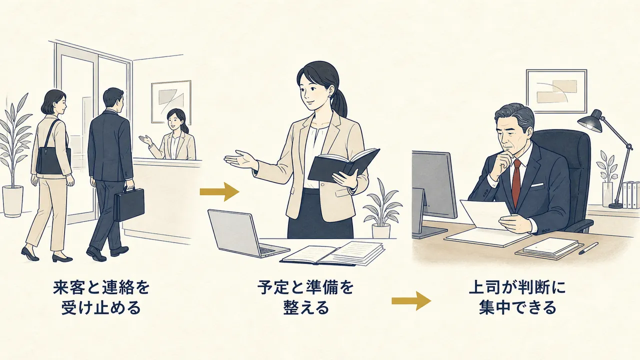 来客・連絡の受け止めから予定の調整、上司の支援までの流れ
