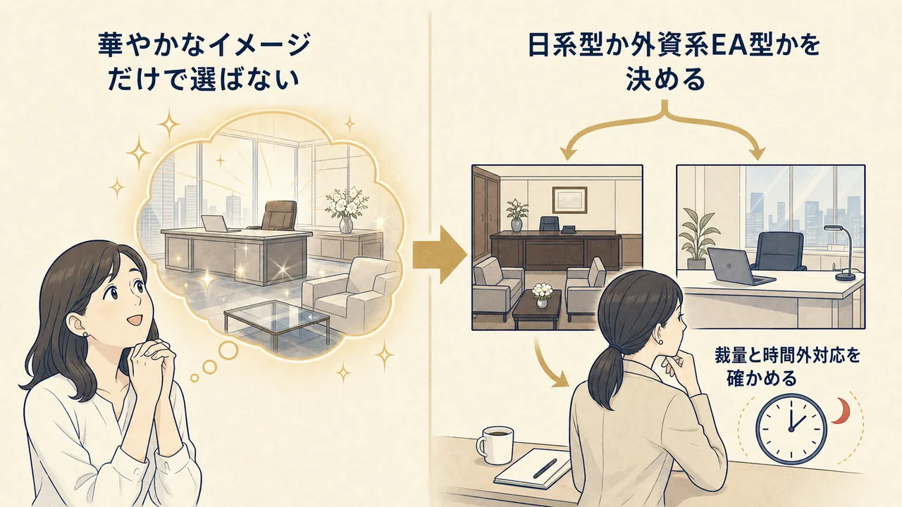 イメージだけで選ぶ場合と、日系型か外資系EA型か・時間外対応まで確かめて選ぶ場合の対比