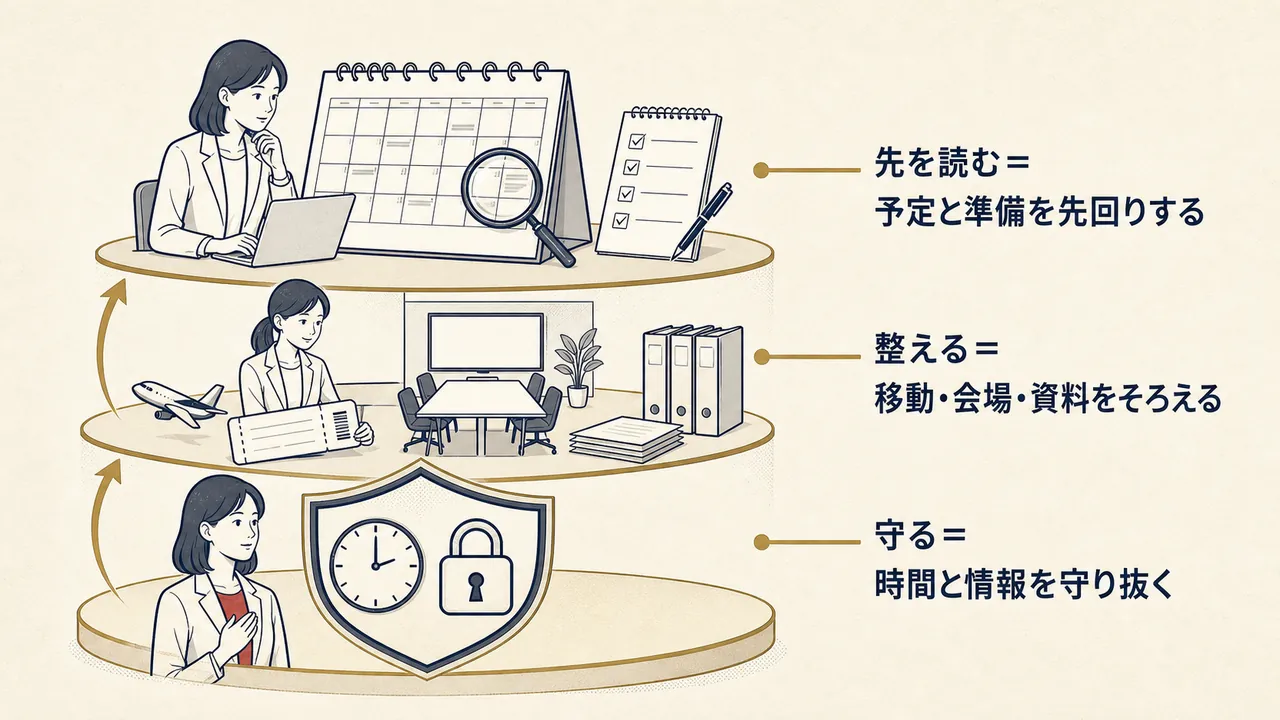 先を読む・整える・守るの3層で秘書の仕事を表した図