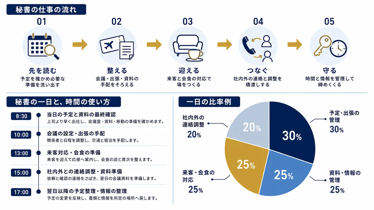 秘書が行う予定確認、出張手配、来客対応、資料準備の流れ