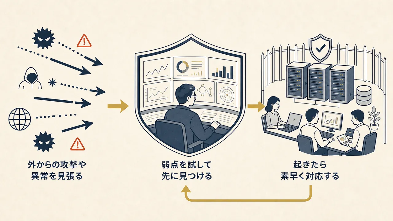 外の脅威と内側の守るべきシステムの間に立ち、監視・診断・対応で守る流れ