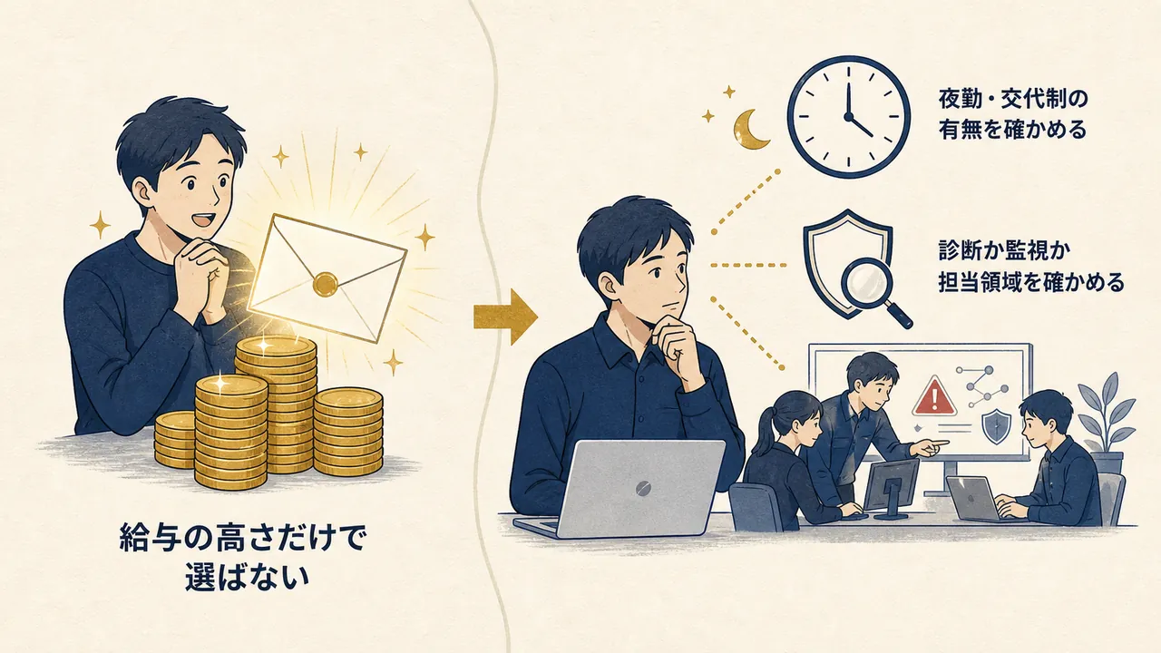 給与だけで選ぶ場合と、夜勤・担当領域・支援体制まで確かめて選ぶ場合の対比