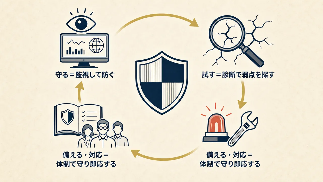 守る・試す・備える・対応するの4段階で組織を守る循環を表した図