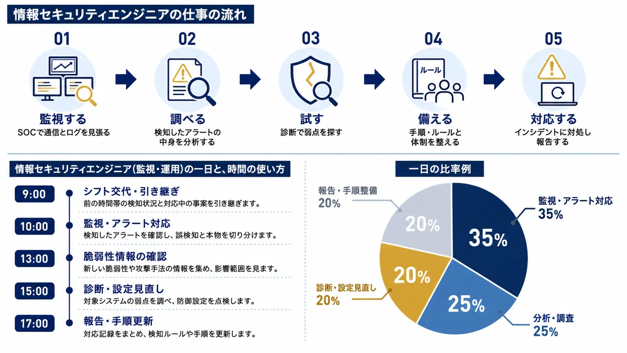 セキュリティエンジニアが行う監視、アラート分析、診断、報告の流れ