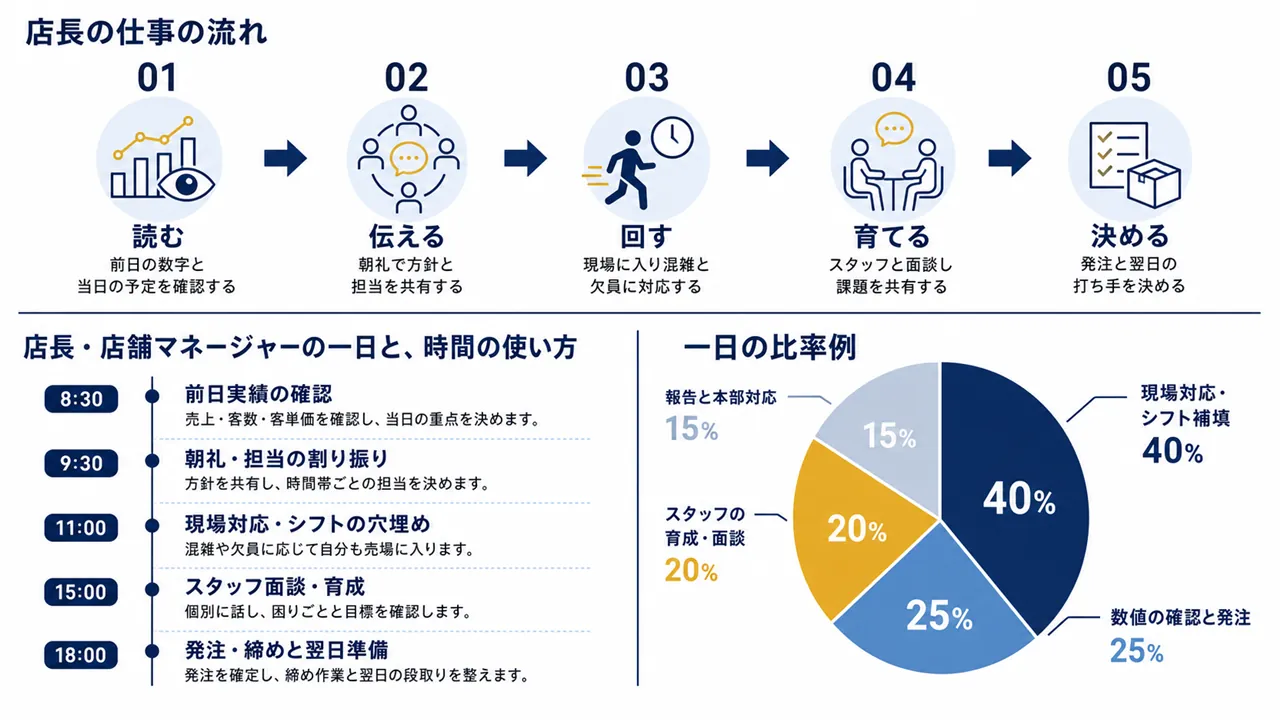 店長が行う数値確認、朝礼、現場対応、スタッフ面談、締めと発注の流れ