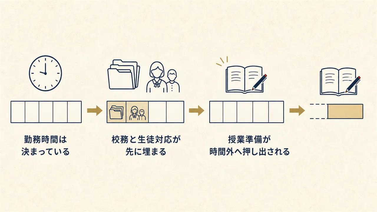 勤務時間が校務と生徒対応で埋まり、授業準備が時間外へ押し出される流れを表した図