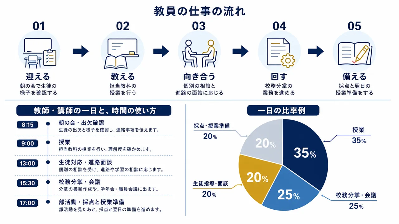 教員が行う朝の会、授業、生徒指導、校務分掌、部活動の流れ