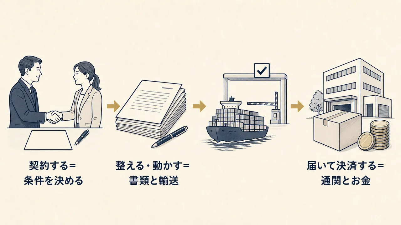 契約、書類の準備、船と通関、納品と決済の4段階で貨物が国境を越えることを表した図
