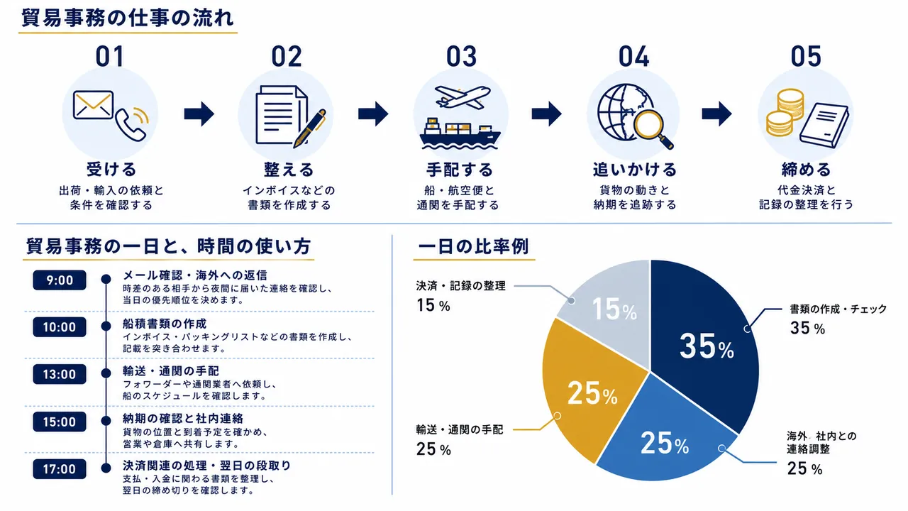 貿易事務が行うメール確認、書類作成、輸送手配、納期管理の流れ
