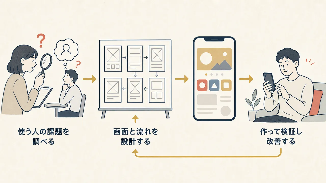 課題の調査から画面設計、制作、検証と改善までの流れ