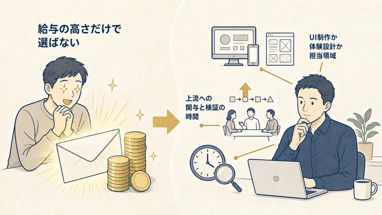 給与だけで選ぶ場合と、担当領域・上流への関与・検証の時間まで確かめて選ぶ場合の対比
