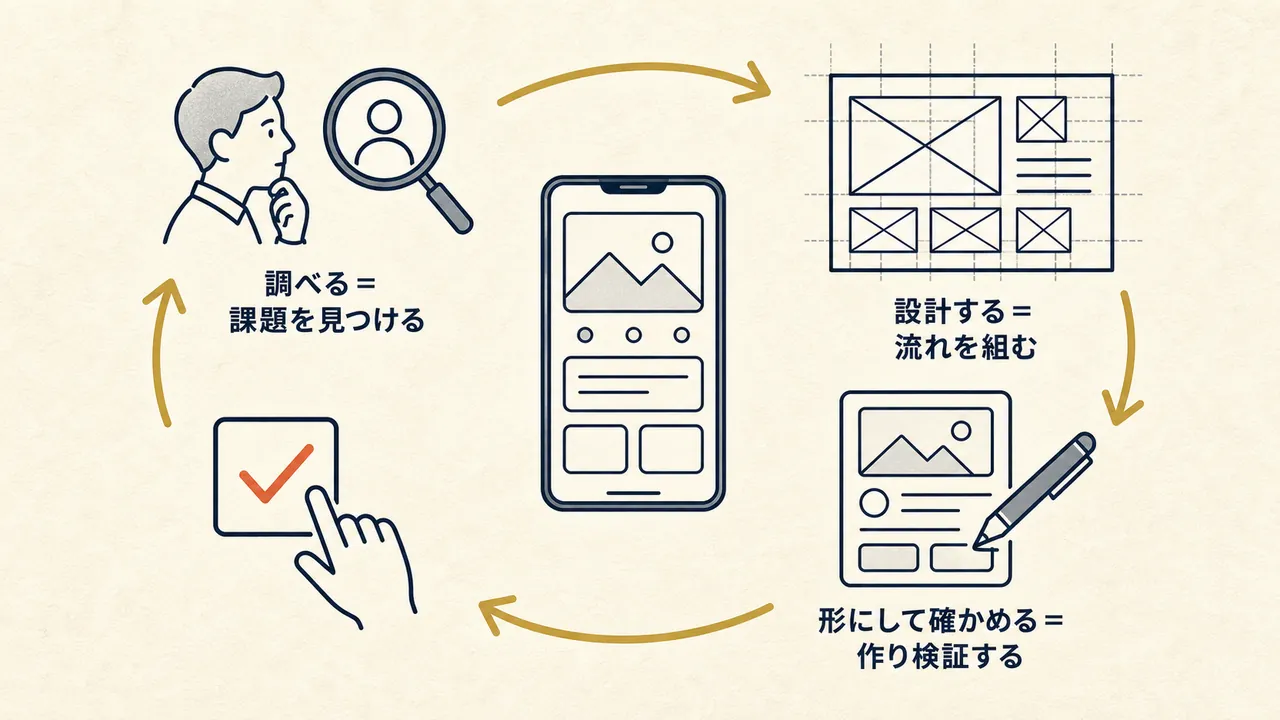 調べる・設計する・形にする・確かめるの4段階で体験をつくる循環を表した図