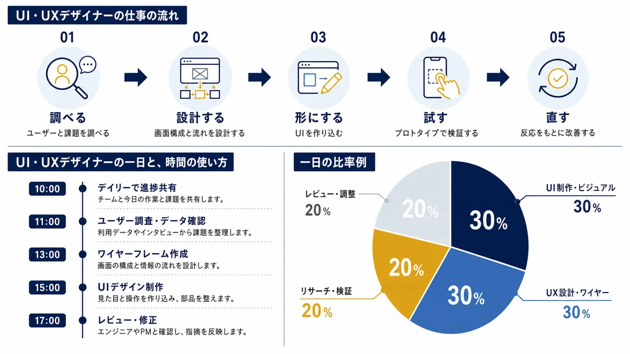 UI・UXデザイナーが行うユーザー調査、ワイヤーフレーム作成、UI制作、検証の流れ