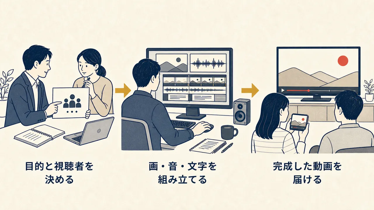 目的と視聴者を決め、画・音・文字を組み立て、完成した動画を届ける流れ