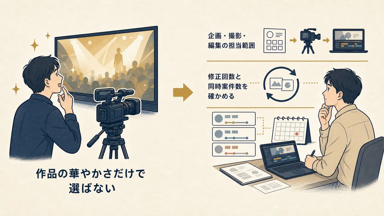 作品の華やかさだけで選ぶ場合と、担当範囲・修正回数・同時案件数を確かめて選ぶ場合の対比