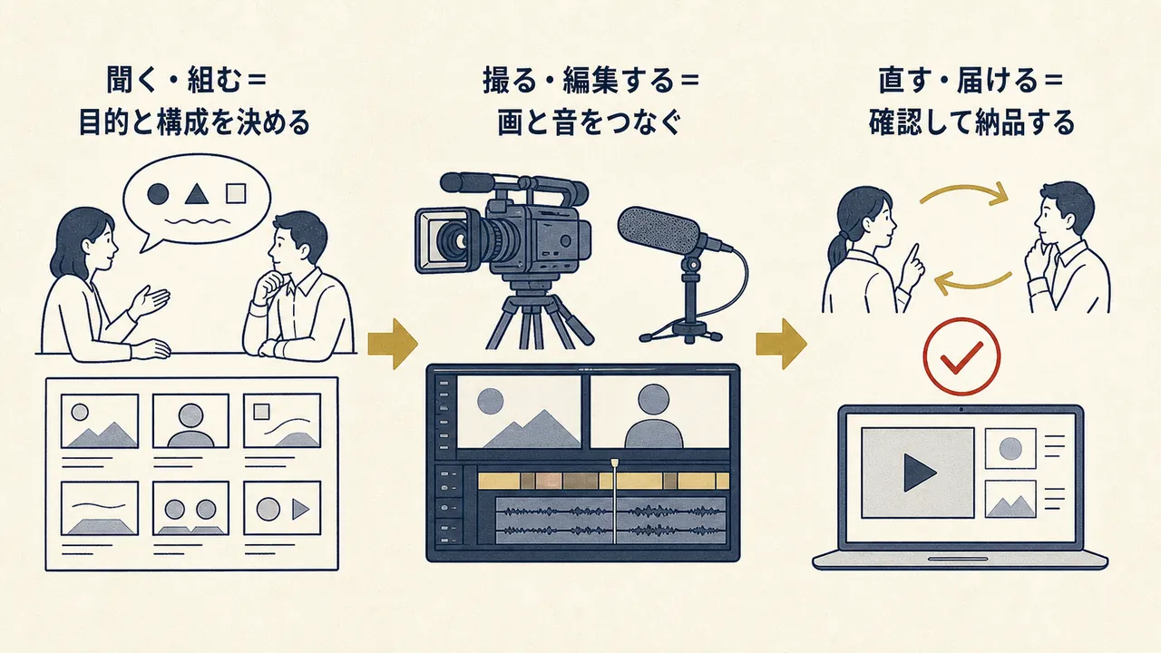 聞く・組む、撮る・編集する、直す・届けるの三段階で動画制作を表した図