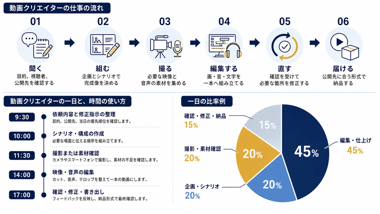 動画クリエイターが行う企画、撮影、編集、修正、納品の流れ